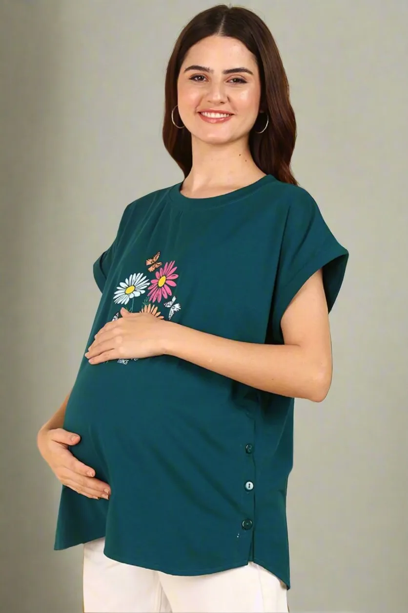 Bottle Green 100% Soft Cotton Zipless Maternity Feeding Top