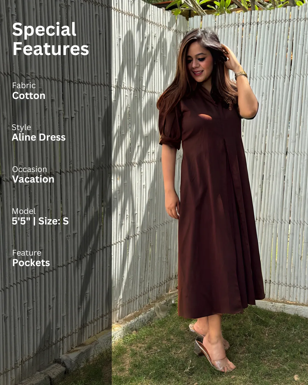 Brown Cotton A-line Dress