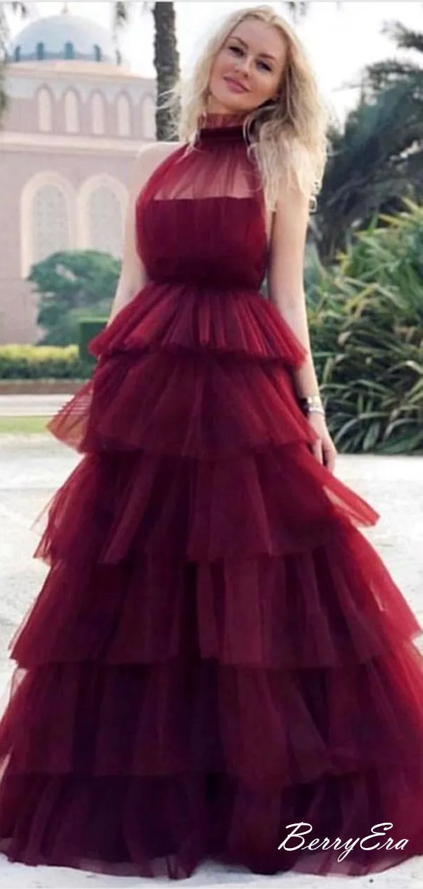 Burgundy Fluffy Halter Cake Dresses Prom Dresses, Cute Prom Dresses