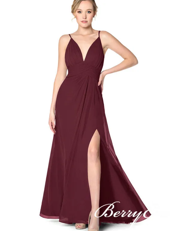 Burgundy Long A-line Chiffon Bridesmaid Dresses