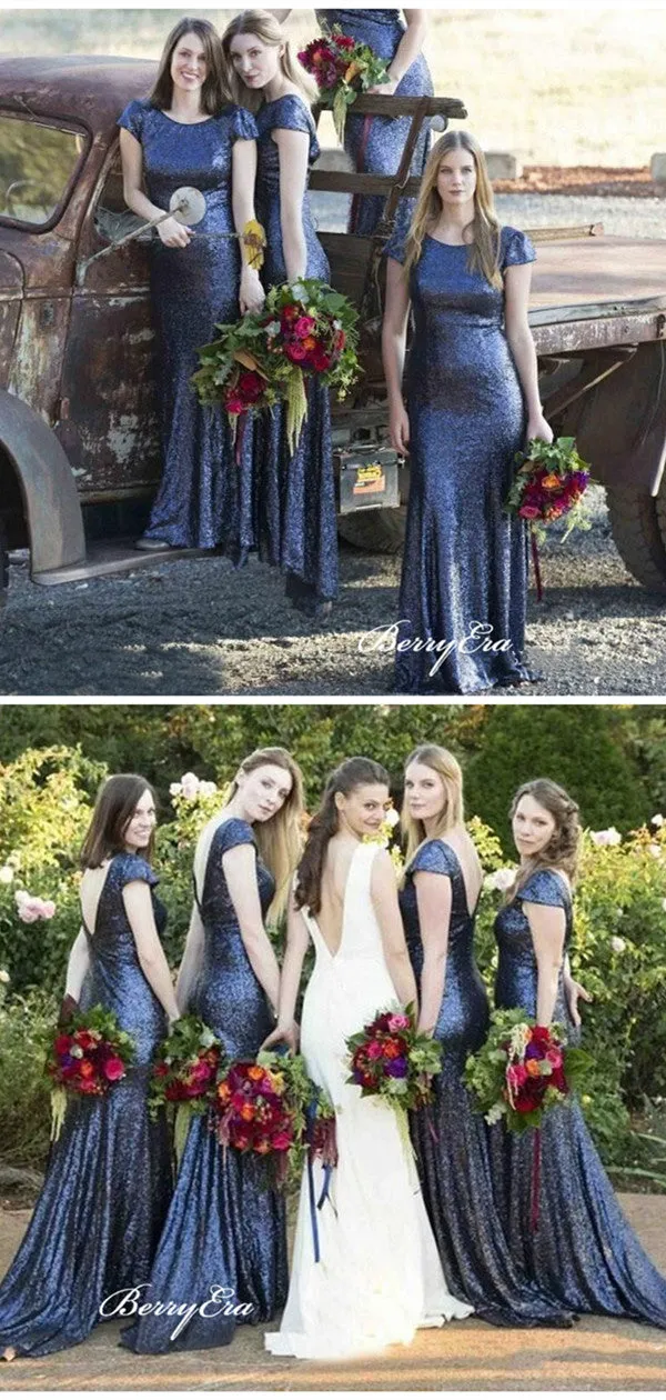 Cap Sleeves Sequins Bridesmaid Dresses, Mermaid Bridesmaid Dresses