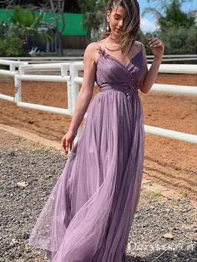 Charming V-neck Spaghetti Strap Lavender Tulle Lace Appliqued A-line Long Cheap Evening Prom Dresses, PDS0046