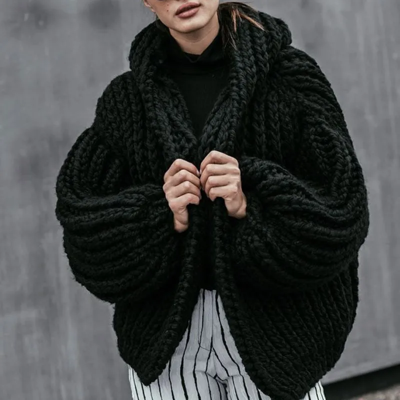 Chic Oversized Puff Sleeve Hand Knit Chunky Yarn Hooded Cardigan