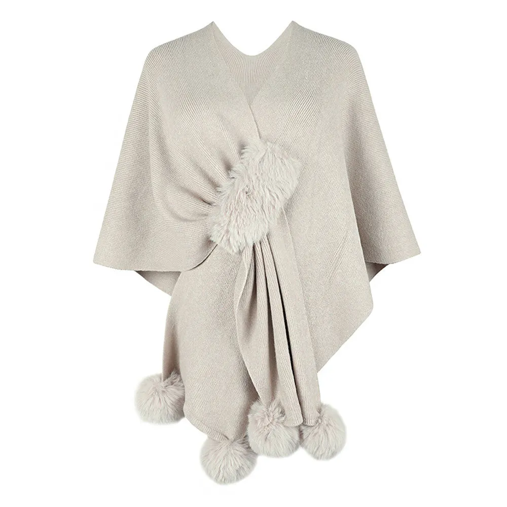 Classy Faux Fur Pom Pom Pull Through Crossover Knit Cape Cardigan