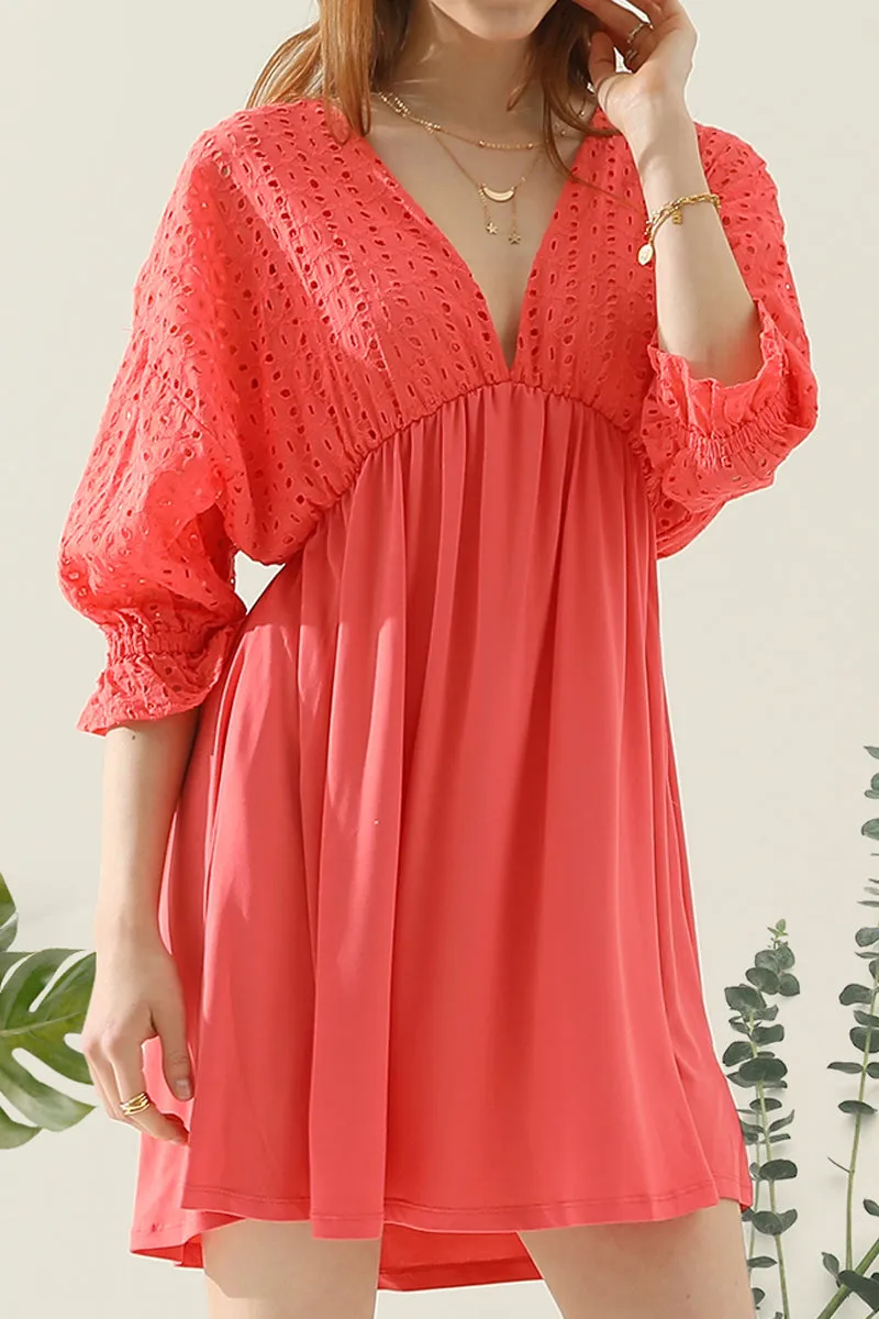 COTTON EYELET 3/4 SLEEVE DRESS