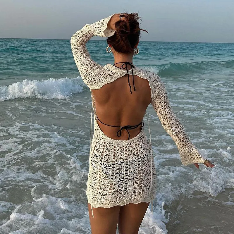 Crochet Knit Swim Cover Up Backless Flare Long Sleeve Sheer Beach Dress