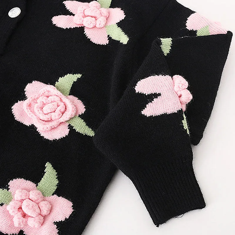 Cute Black Crew Neck Drop Shoulder Button Up Floral Jacquard Knit Cardigan