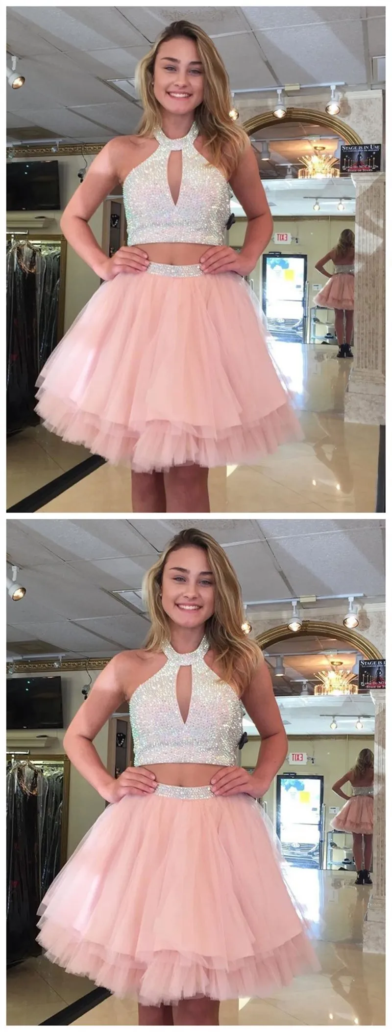 Cute Halter Two Piece Beaded Short Pink Homecoming Dresses 2018, CM488