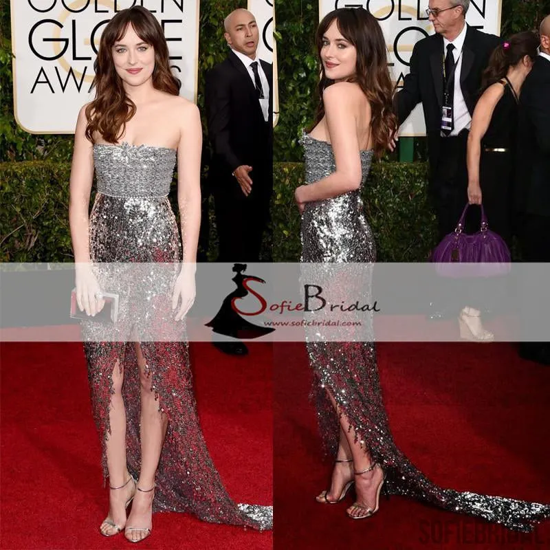 Dakota Johnson Red Carpet Dresses, Strapless Shinny Sequin Slit Prom Dresses, PD0420