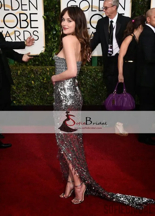 Dakota Johnson Red Carpet Dresses, Strapless Shinny Sequin Slit Prom Dresses, PD0420