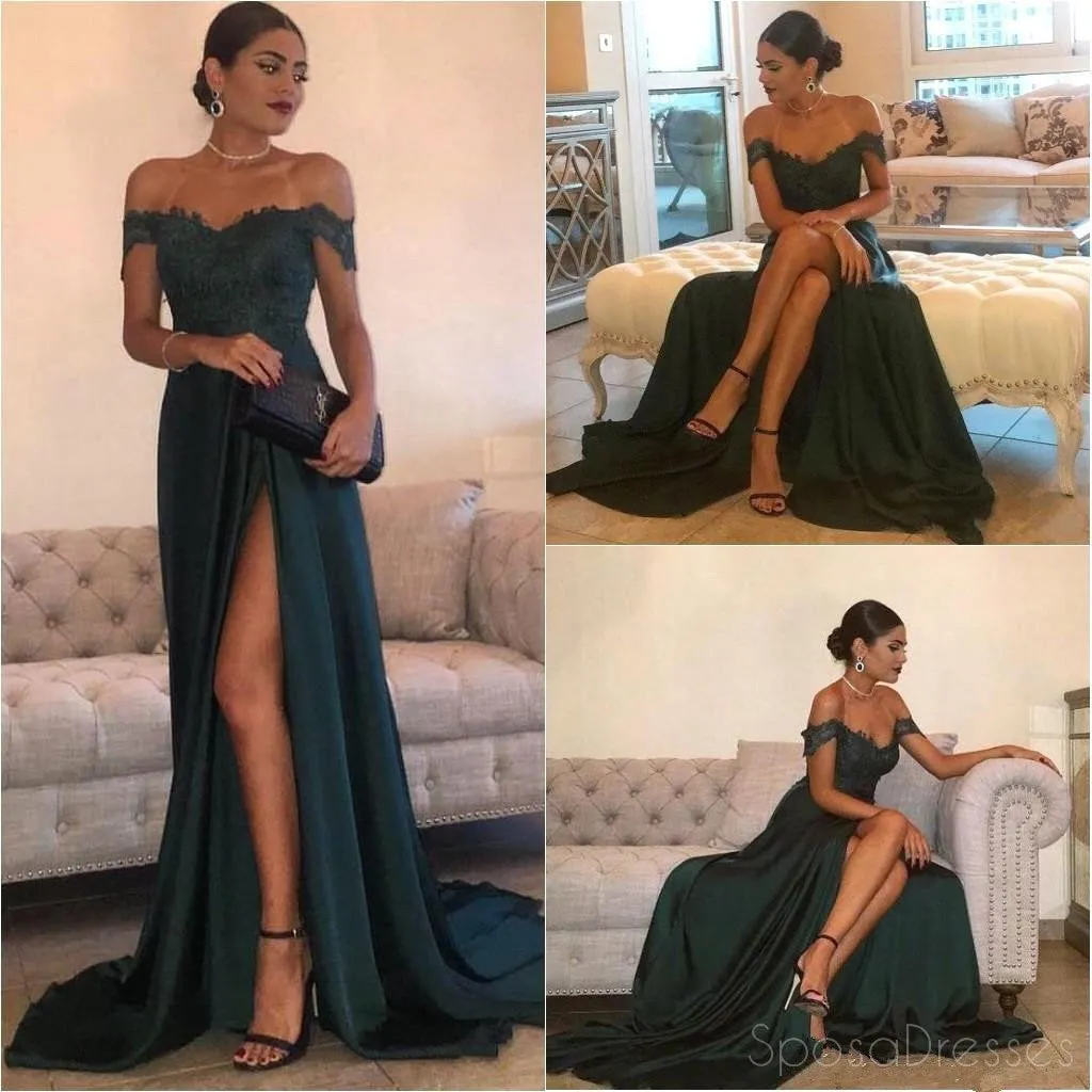 Dark Green Off Shoulder Sexy Side Slit Fashion Long Evening Prom Dresses, 17305