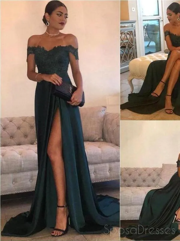 Dark Green Off Shoulder Sexy Side Slit Fashion Long Evening Prom Dresses, 17305