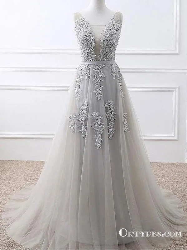 Deep V Neck Gray Tulle Long Cheap Prom Dresses With Appliques, TYP1817