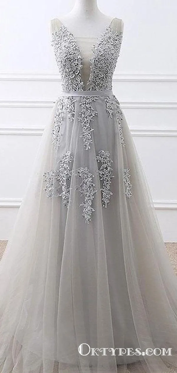 Deep V Neck Gray Tulle Long Cheap Prom Dresses With Appliques, TYP1817