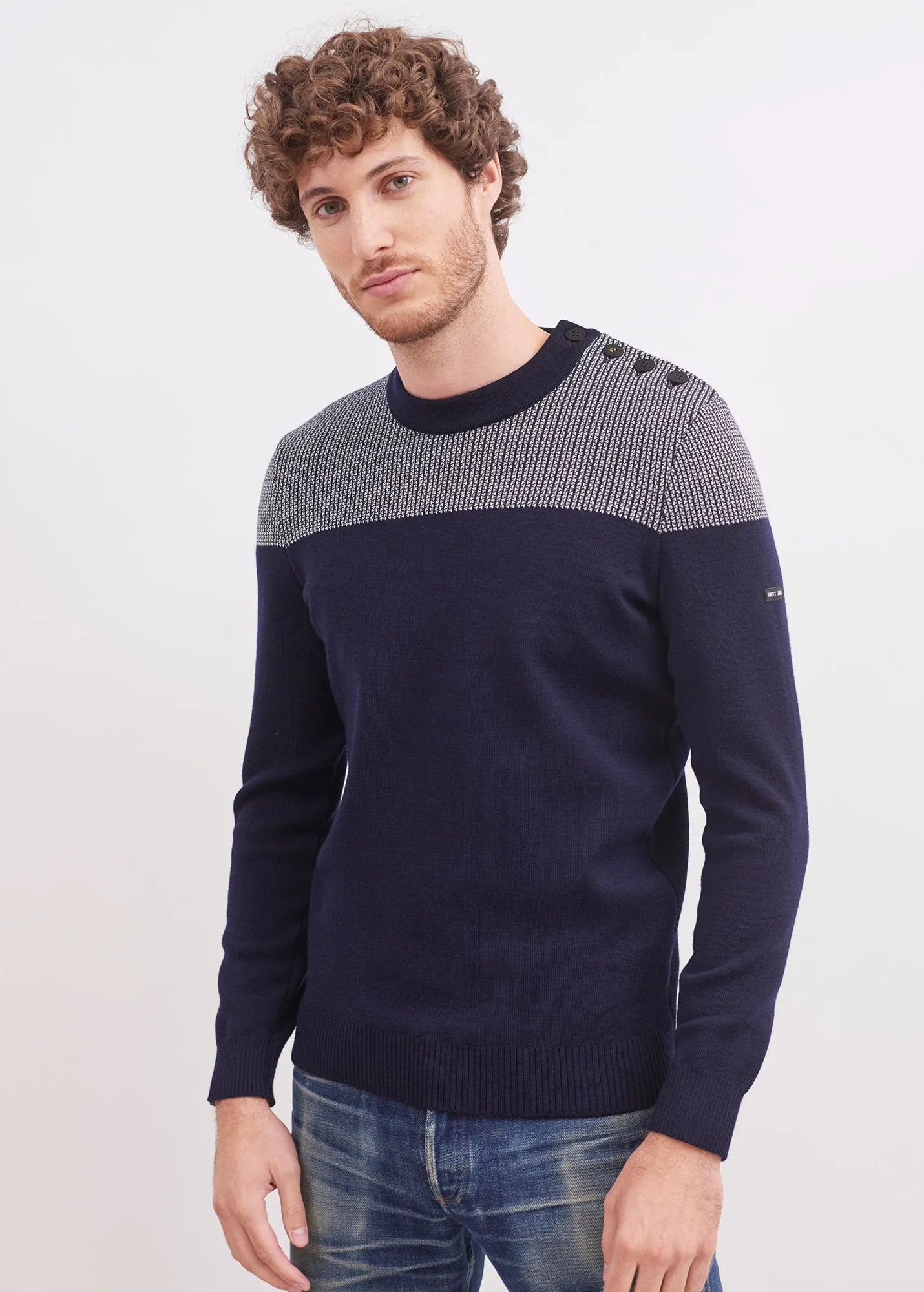 Dinan bicolour sailor jumper - with jacquard elbow patches, in pure new wool (MARINE/ECRU)