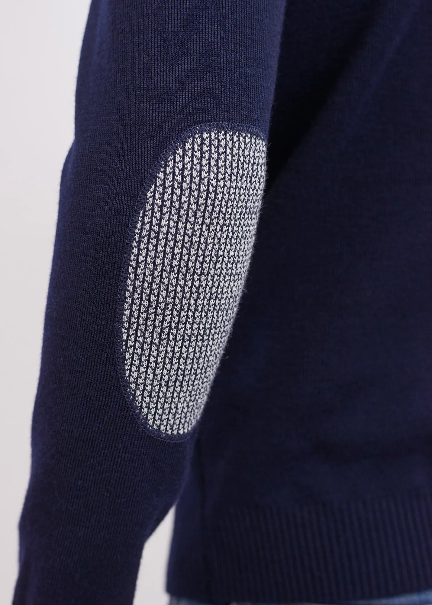 Dinan bicolour sailor jumper - with jacquard elbow patches, in pure new wool (MARINE/ECRU)