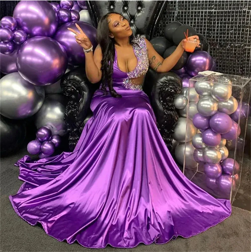 Dreamy Purple Mermaid Long Evening Dresses Crystal Shoulder Prom Gown See Through Waist Design Black Girl Birthday Party Dresses