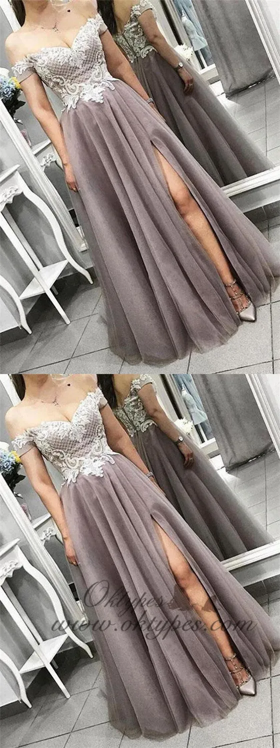 Dusty Purple Off the Shoulder Side Slit A Line Lace Tulle Prom Dresses, TYP1442