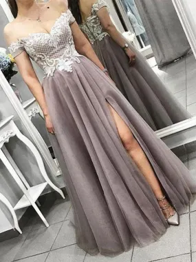 Dusty Purple Off the Shoulder Side Slit A Line Lace Tulle Prom Dresses, TYP1442