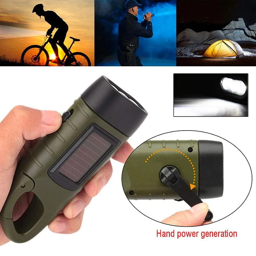 Dynamo Hand Crank and Solar Powered Waterproof LED Flashlight w/ Quick Snap Clip