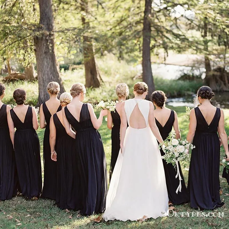 Elegant Black Chiffon Floor Length Cheap Bridesmaid Dresses, TYP1775