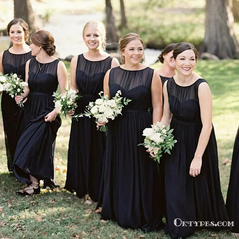 Elegant Black Chiffon Floor Length Cheap Bridesmaid Dresses, TYP1775