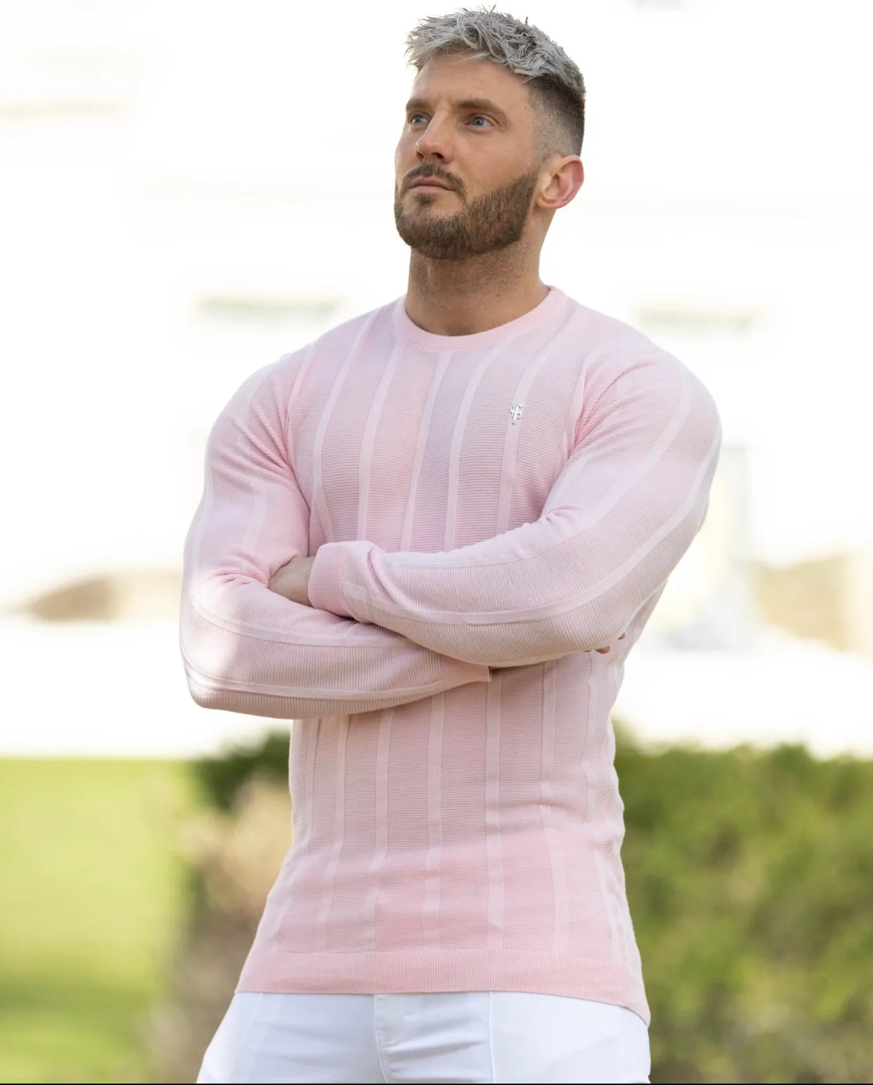 Father Sons Classic Long Sleeve Baby Pink Knitted Wide Rib Crew with Silver Emblem - FSH736