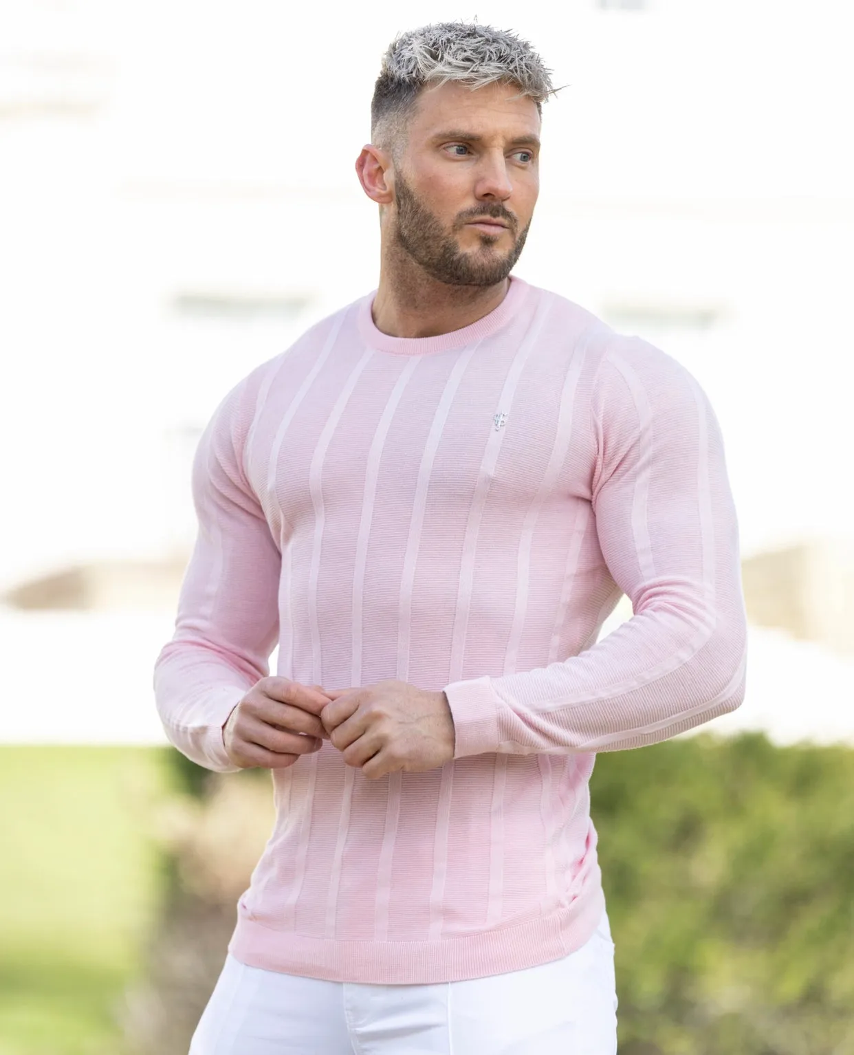 Father Sons Classic Long Sleeve Baby Pink Knitted Wide Rib Crew with Silver Emblem - FSH736