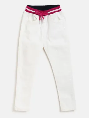 Girls White Lycra Regular Fit Washed Jogger