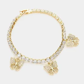 Gold CZ Embellished Triple Butterfly Charm Tennis Evening Bracelet