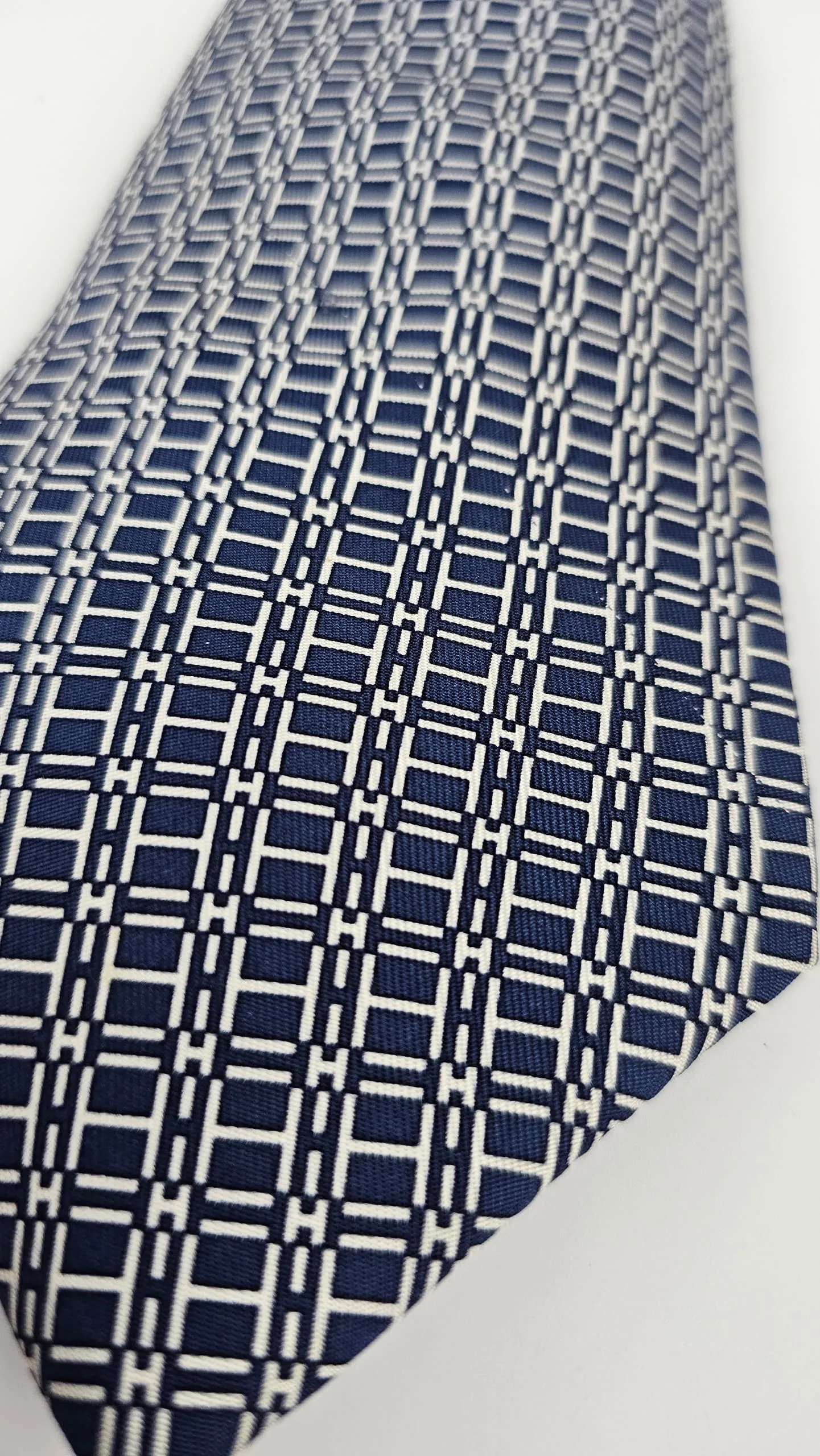 H Navy Blue Printed Silk Necktie