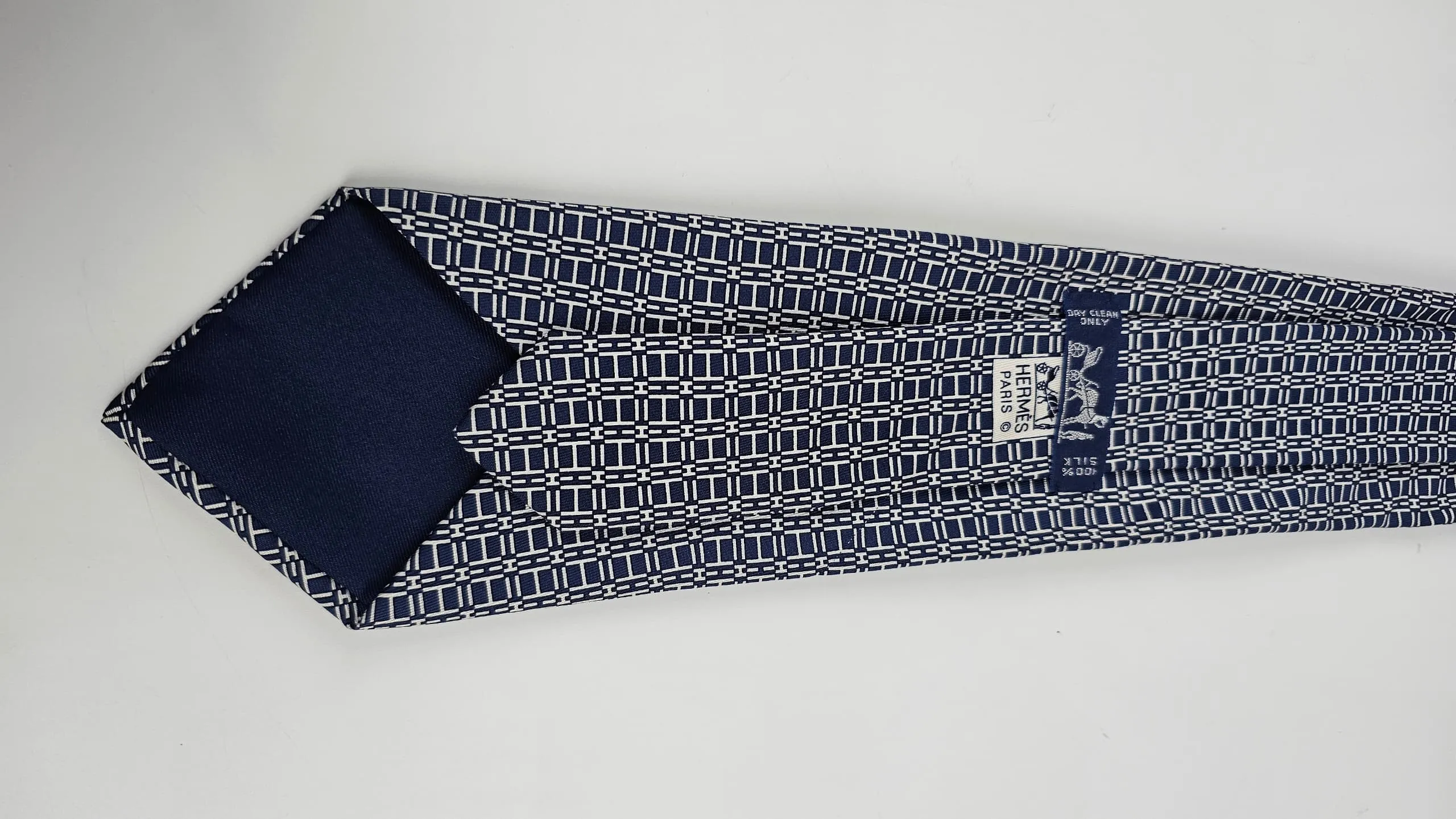 H Navy Blue Printed Silk Necktie