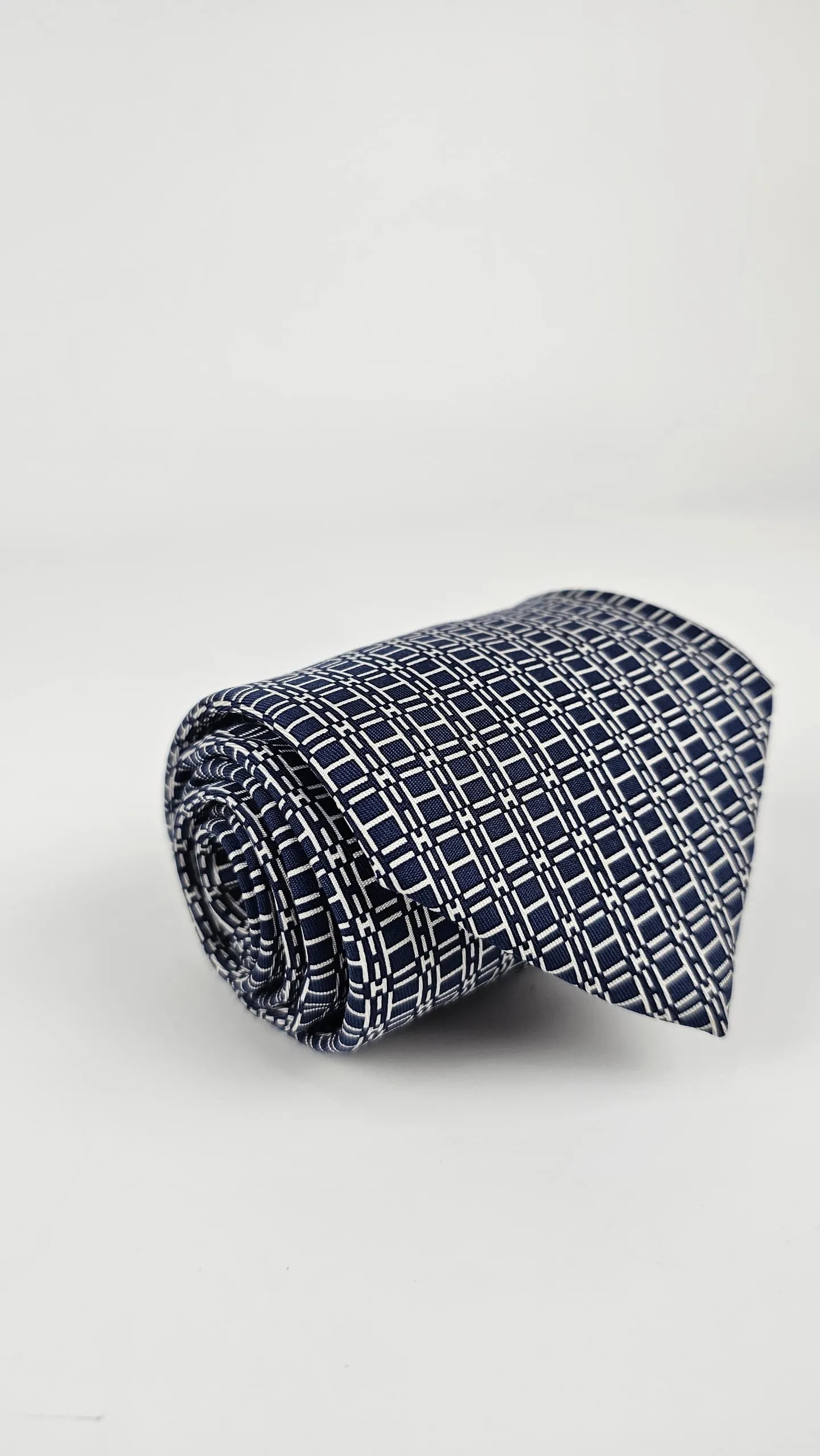 H Navy Blue Printed Silk Necktie