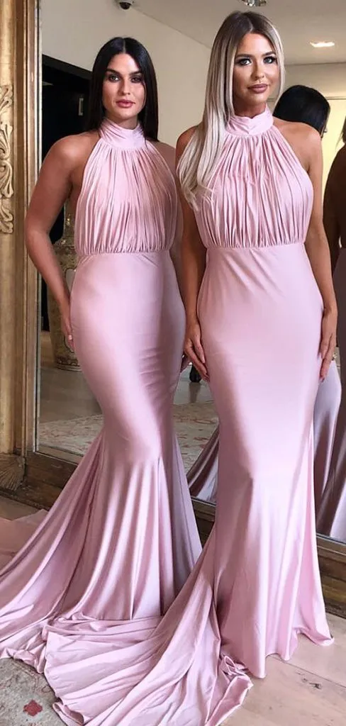 Halter Pink Long Mermaid Backless Bridesmaid Dresses