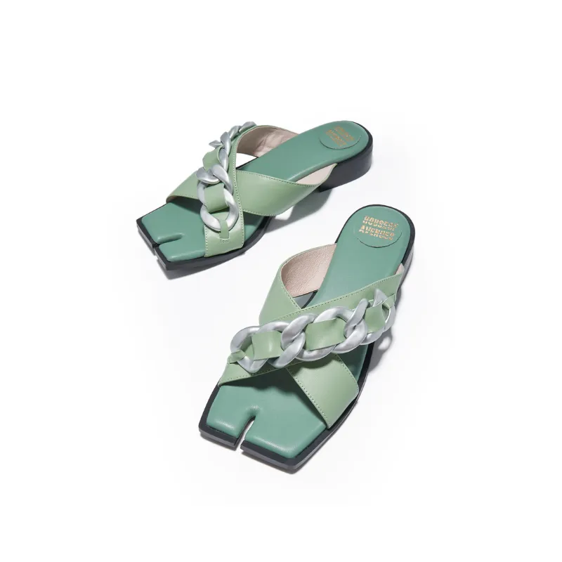 Ladies Square Toe Chain Flat Sandals 5627 Green