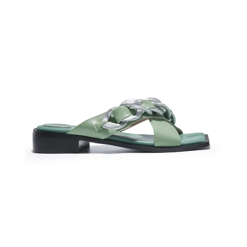 Ladies Square Toe Chain Flat Sandals 5627 Green