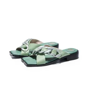 Ladies Square Toe Chain Flat Sandals 5627 Green