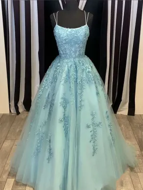 Light Blue Lace Beaded Prom Dresses, Popular Prom Dresses, Cheap Prom Dresses