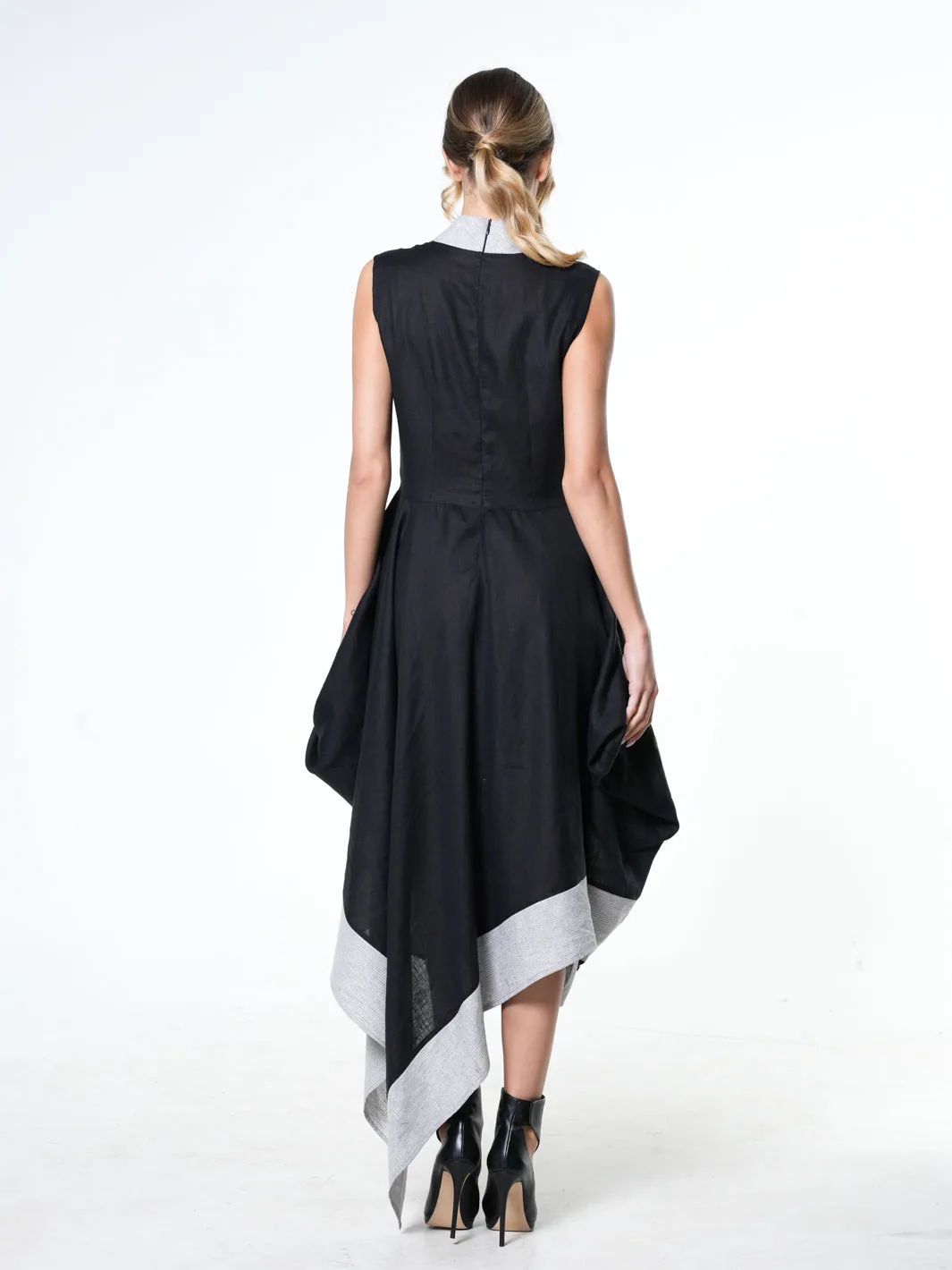 Long Linen Dress In Black and Gray