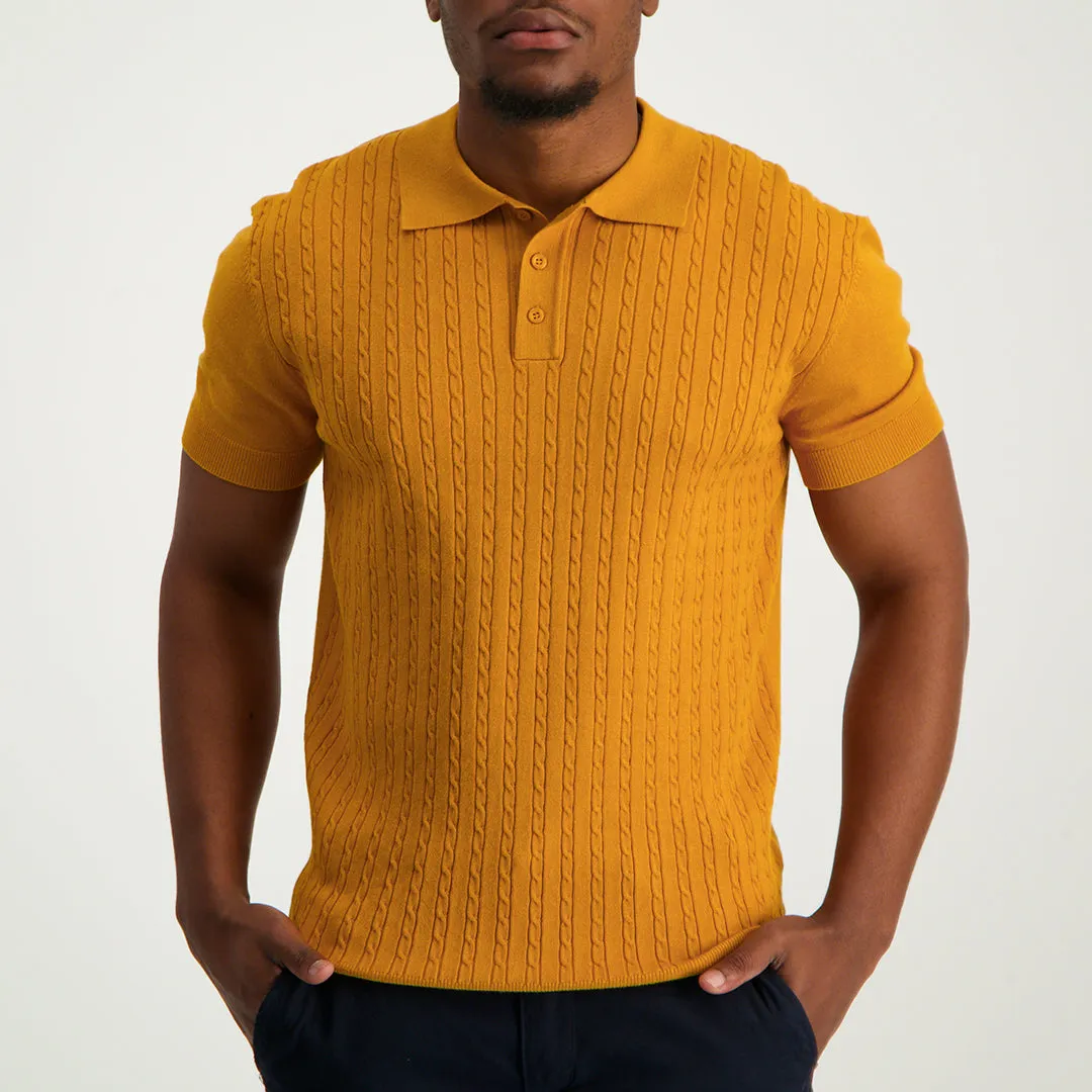 MENS ZAFF MUSTARD S/S JACQUARD KNITTED GOLFER