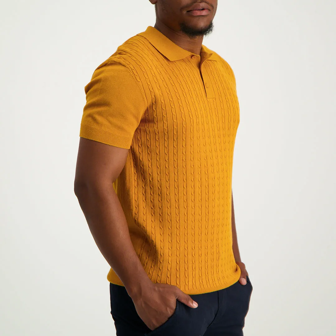 MENS ZAFF MUSTARD S/S JACQUARD KNITTED GOLFER