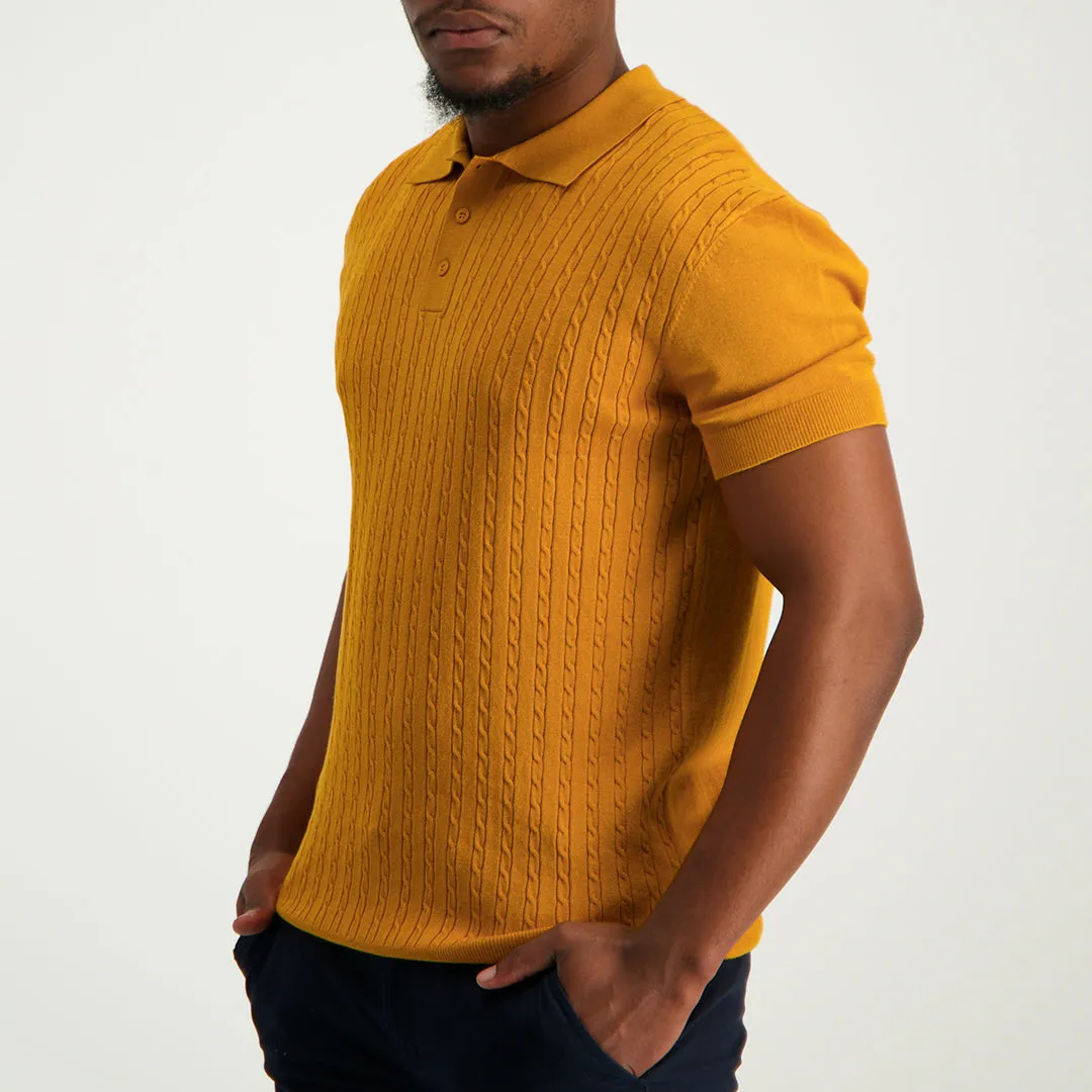 MENS ZAFF MUSTARD S/S JACQUARD KNITTED GOLFER