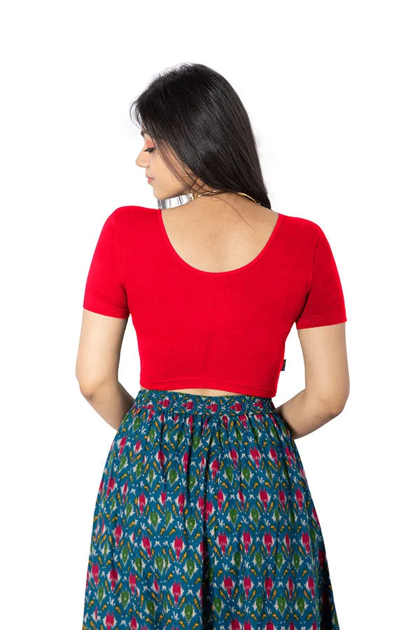 Naidu Hall Non-Wired Non-Padded Knitted Blouse With Round Neck Princess Cut Short Sleeve - Red