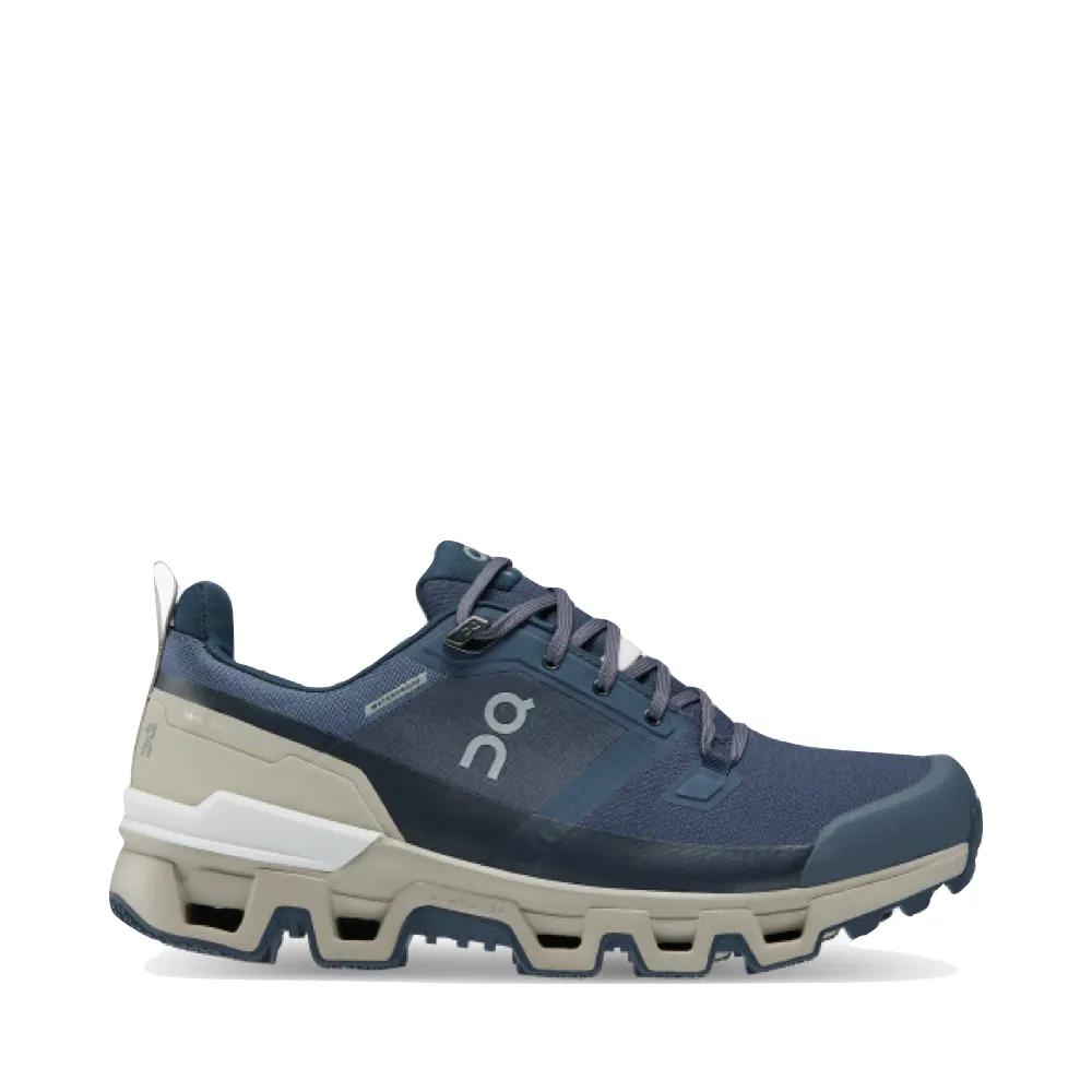 On Women's Cloudwander Waterproof Low Hiking Shoes in Navy/Desert