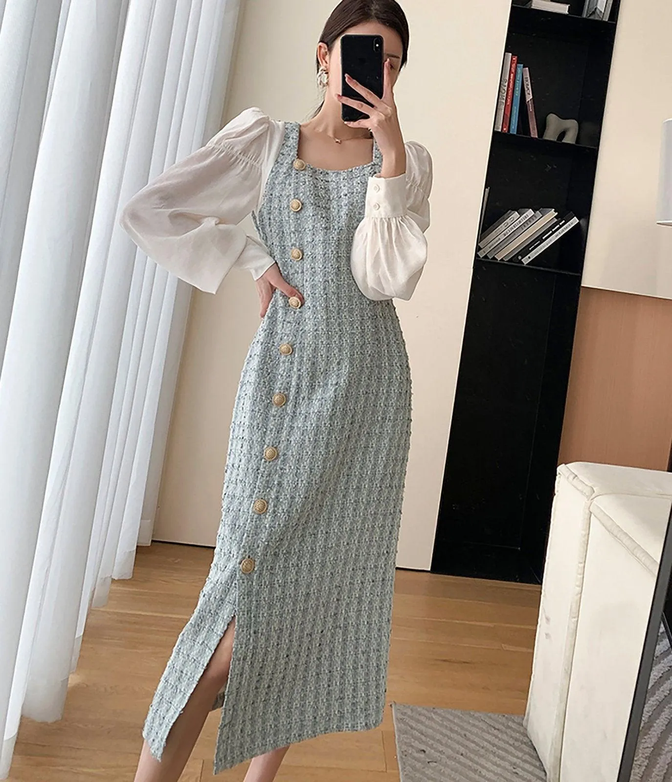 Patchwork Puff Sleeve Single Breasted Tweed Midi Dress