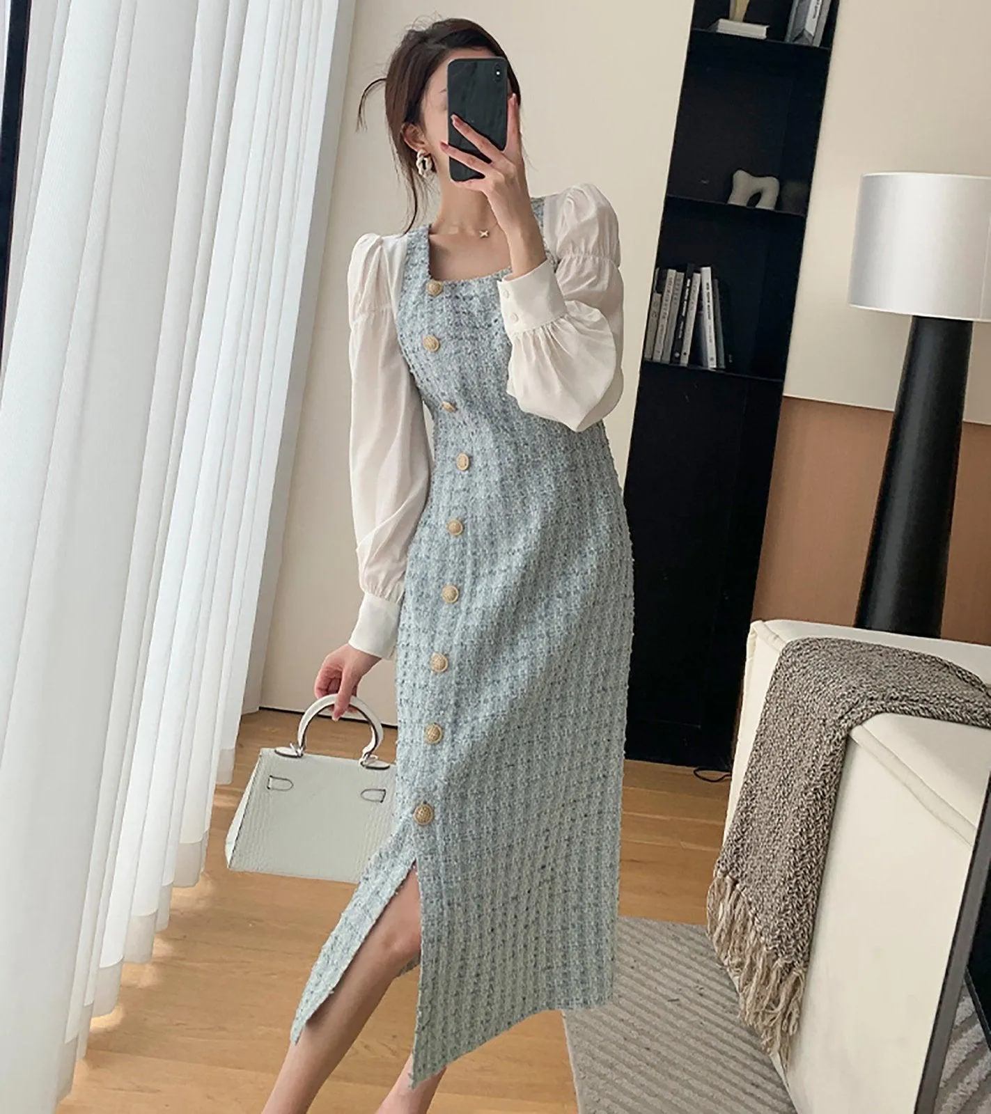 Patchwork Puff Sleeve Single Breasted Tweed Midi Dress