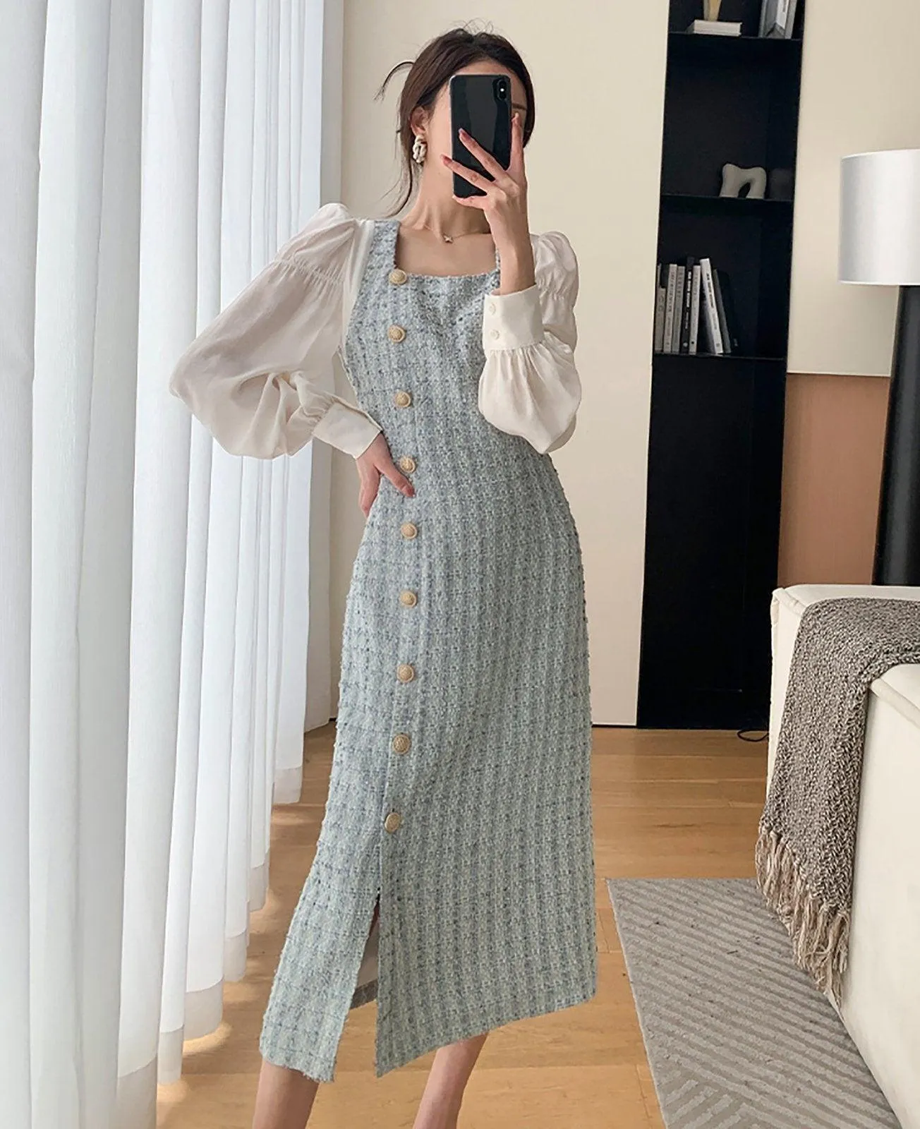 Patchwork Puff Sleeve Single Breasted Tweed Midi Dress