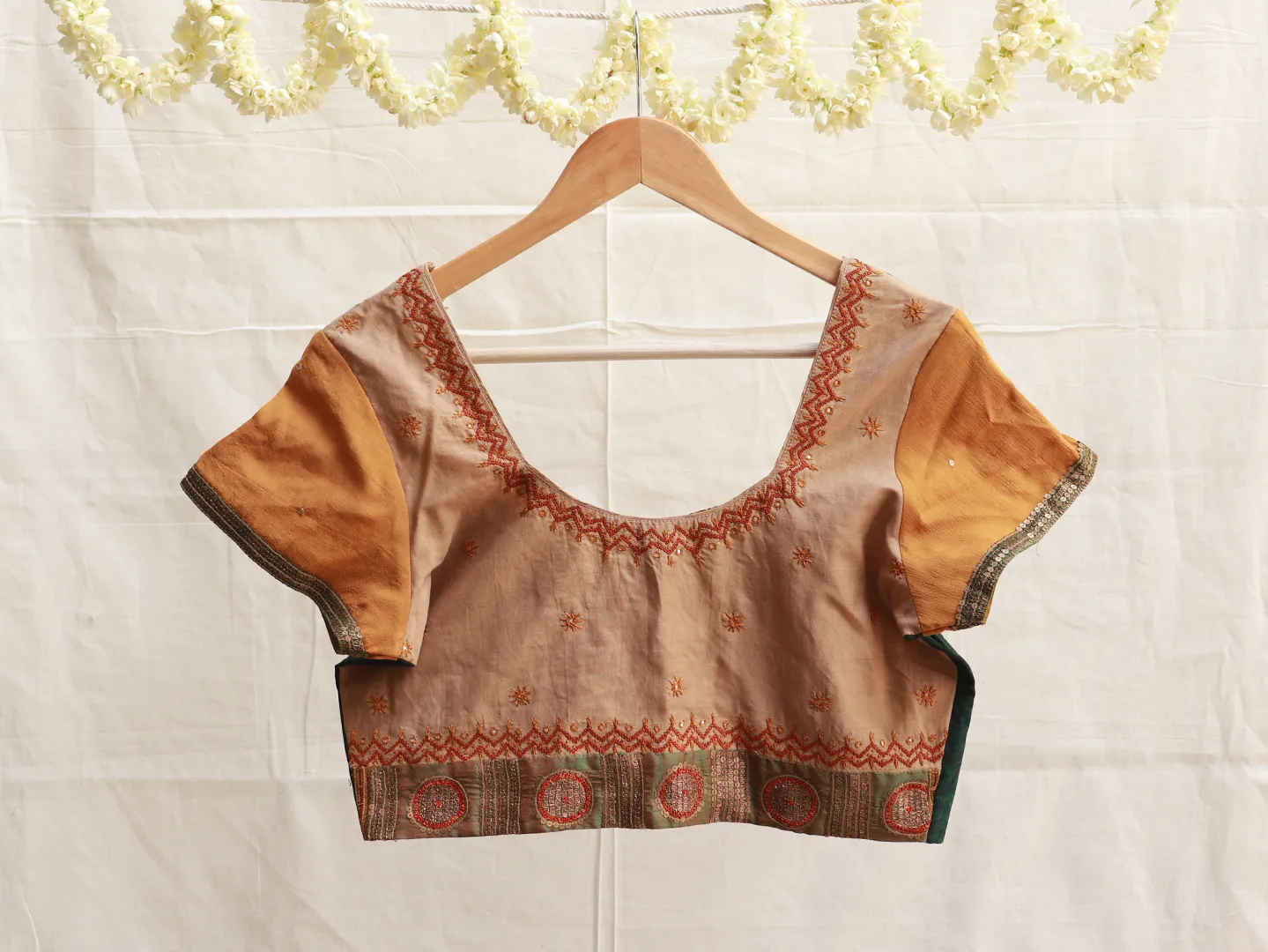 Pine Green Merigold orange Kalamkari blouse