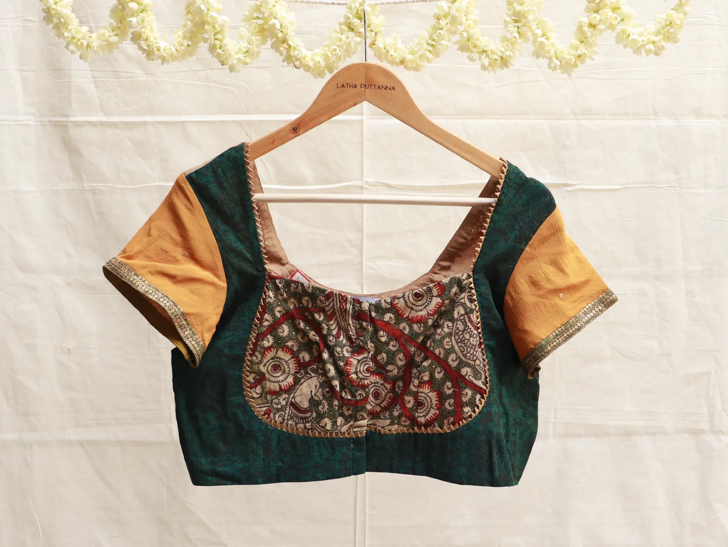 Pine Green Merigold orange Kalamkari blouse