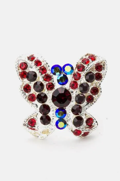 Silver Multicolored Adjustable Butterfly Ring